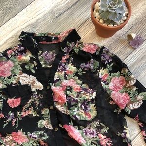 Sheer Black Blouse with Pink Florals